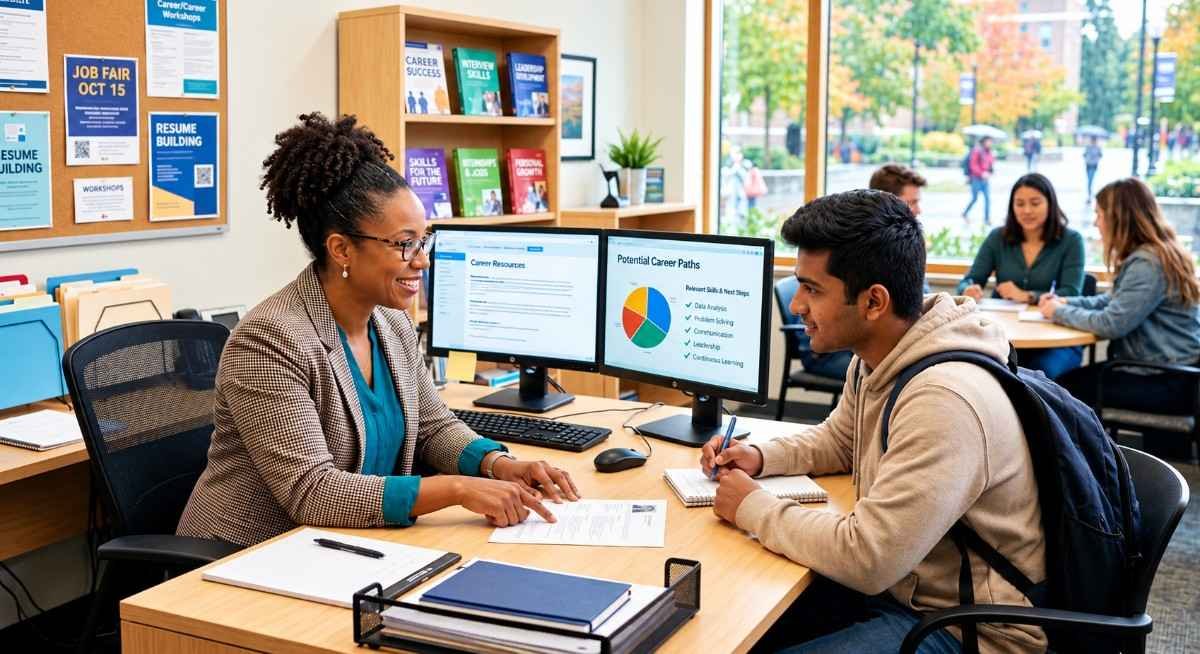 A careers counsellor going over a student's plans with him at her desk.